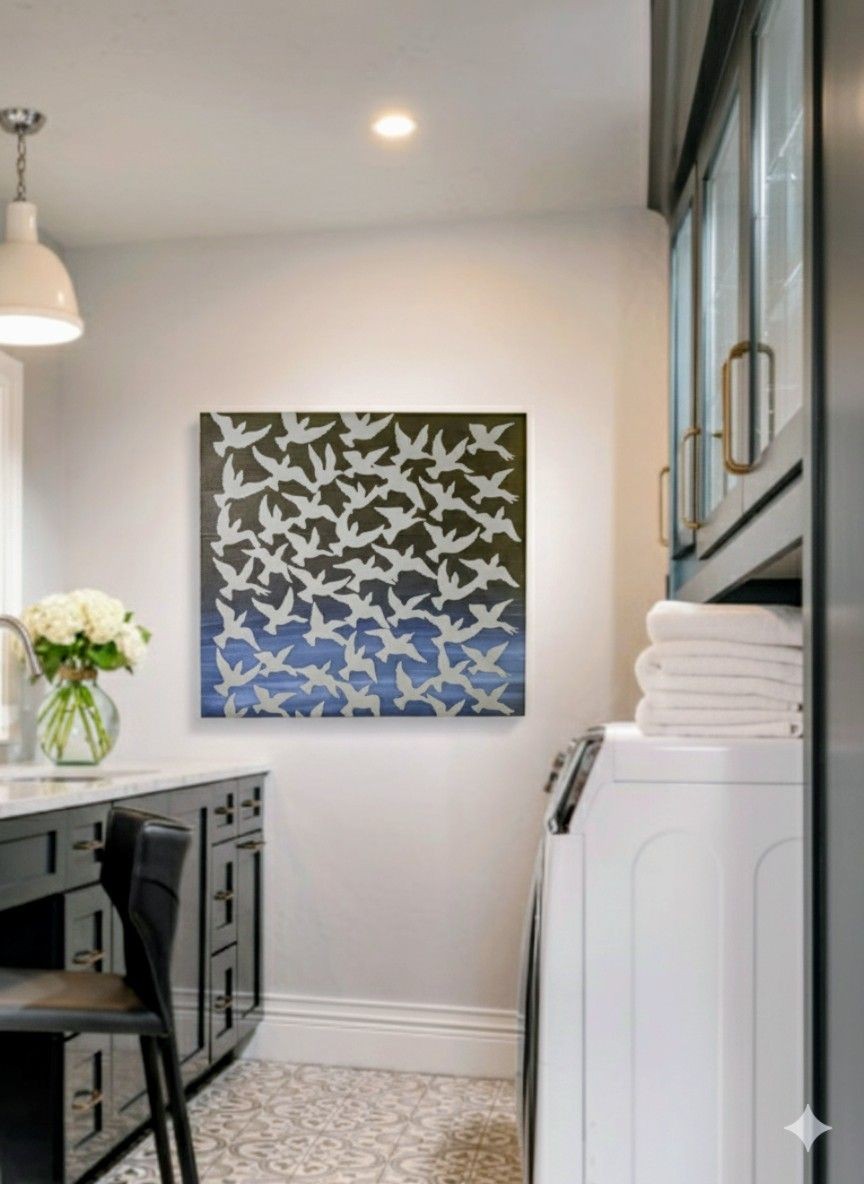 Gray birds painting. Murmuration of birds