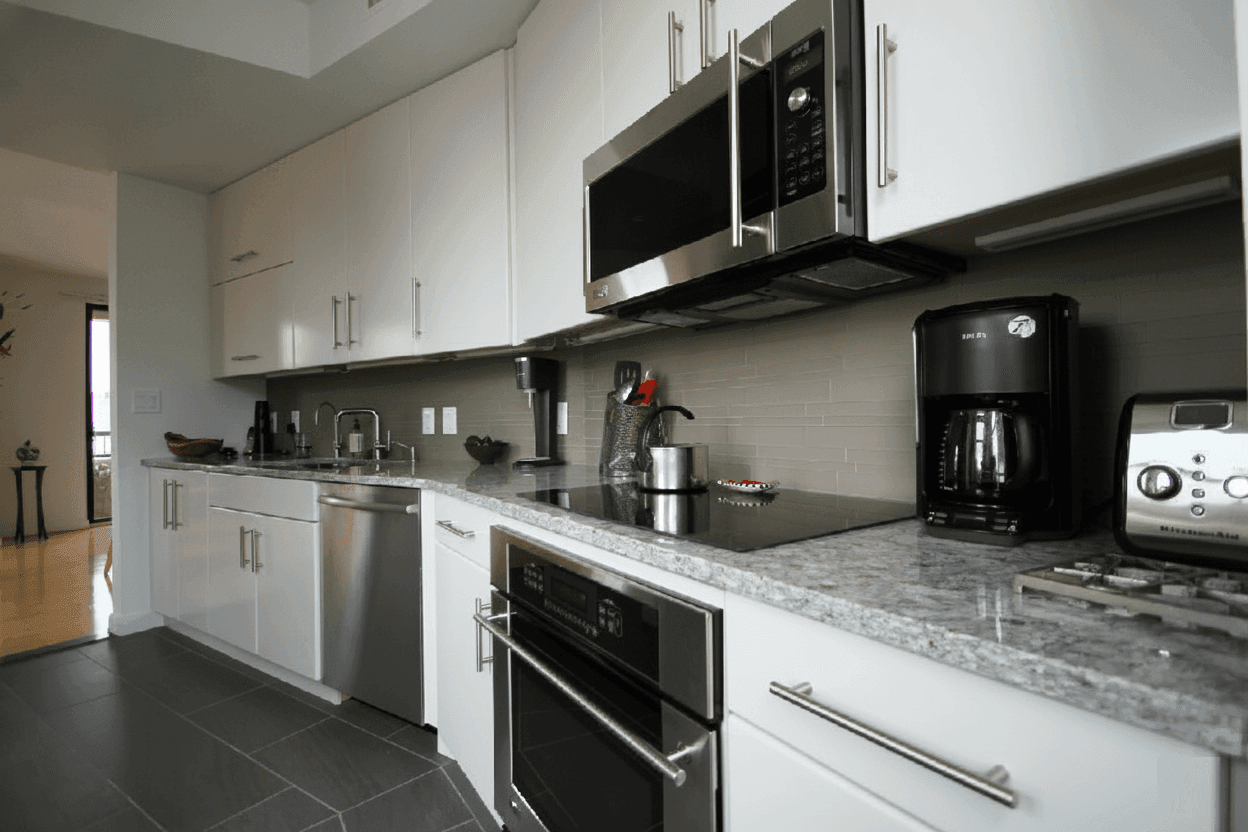 DC condo kitchen, Mass Ave, sleek modern design, the widest choice of cabinets and countertops and tile and appliances, custom kitchen