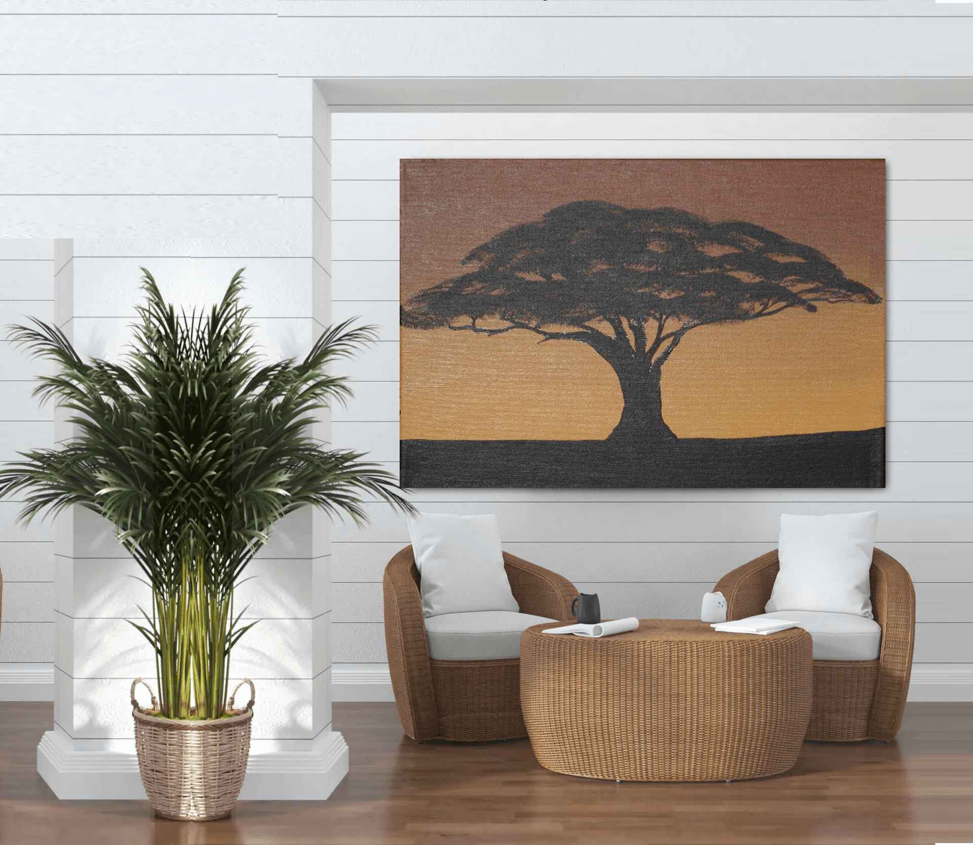 Acacia tree silhouette painting. various sizes. choose your background color. add animals. add elephant, cheetah. 